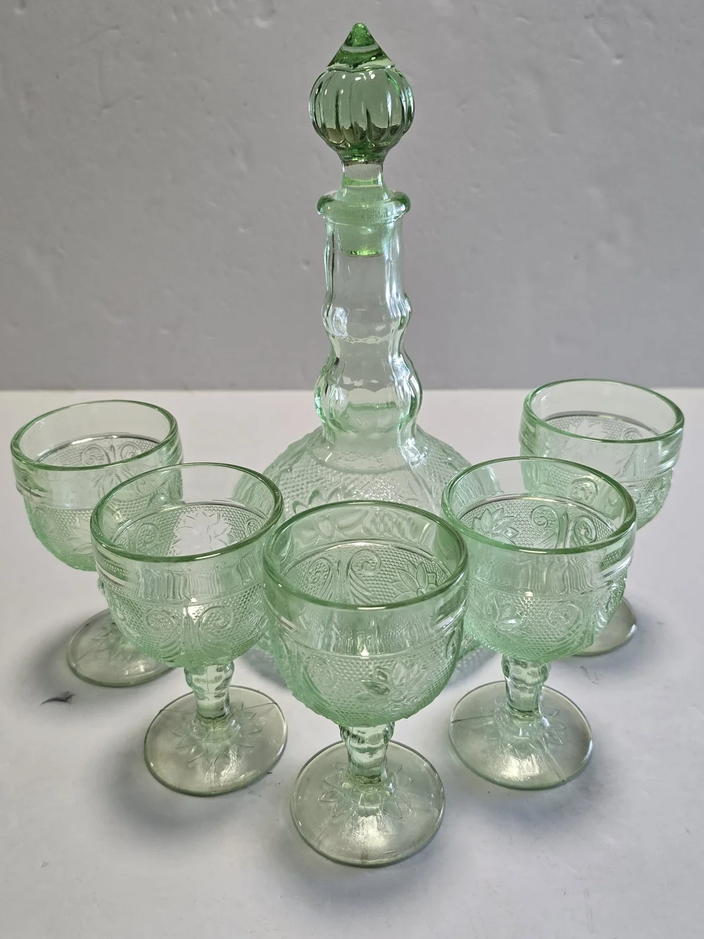 Vintage Indiana Glass - Tiara Wine Decanter Set - Chantily Green Sandwich Glass
